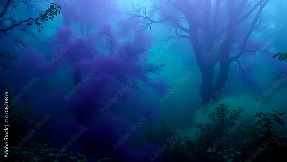 Fototapeta premium Enchanting Blue Forest: Mystical Tree Silhouettes in Misty Purple Fog Landscape