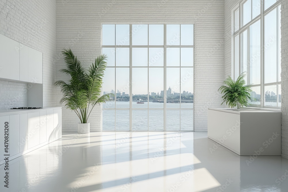 Fototapeta premium Modern, bright kitchen interior with expansive city views.