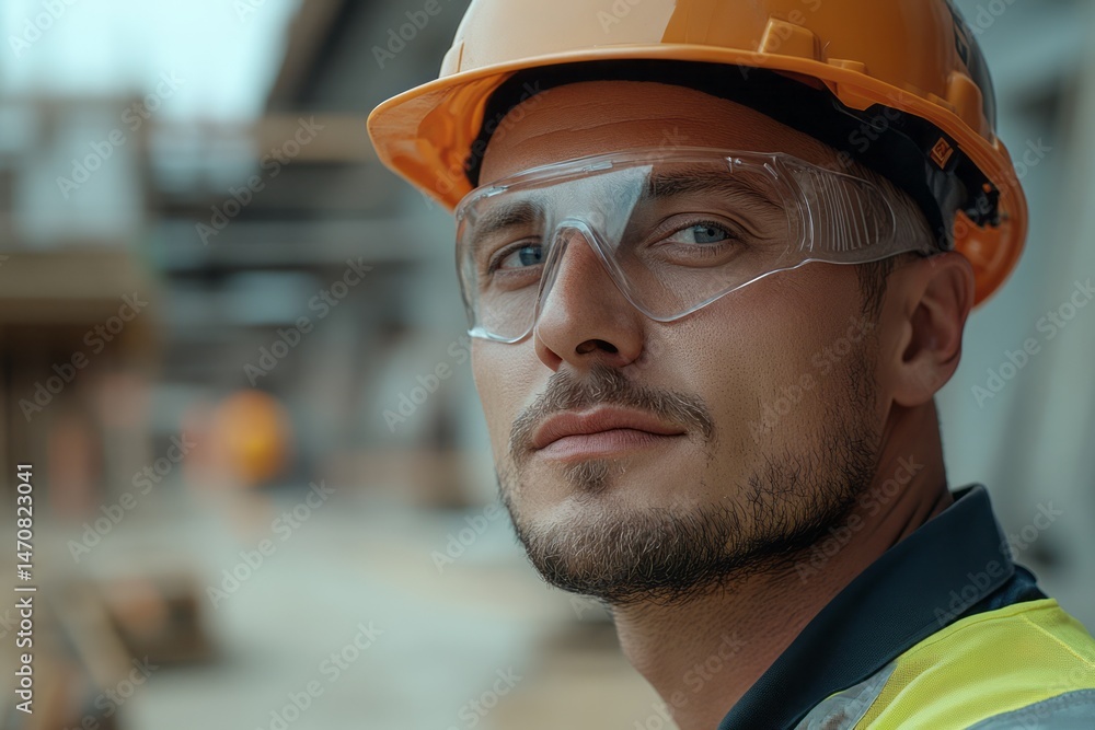 Close-up portrait of a construction worker in safety gear. Close-up portrait of a construction worker in safety gear.