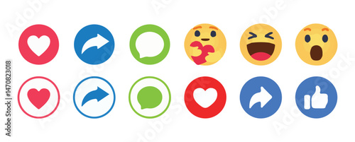 Facebook reactions. social media smiley emoji face ; thumb up icon, like, love, heart, care, haha, wow, sad, angry, emojis icon.notification icon.social media emoticon reactions collection set. 