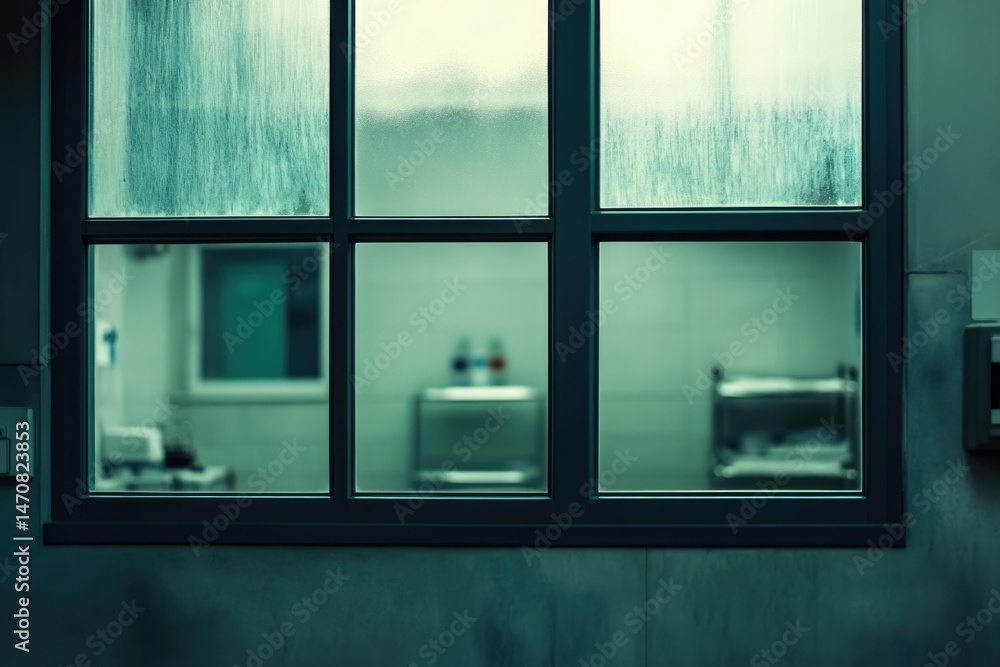 Fototapeta premium A blurry view through a window reveals a dimly lit interior, possibly a hospital room or laboratory.