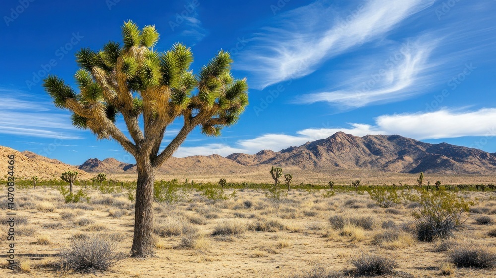 A picturesque landscape features a large tree and distant mountains A picturesque landscape features a large tree and distant mountains