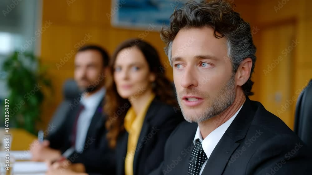 Confident Businessman in a Meeting with Colleagues in Background Confident Businessman in a Meeting with Colleagues in Background