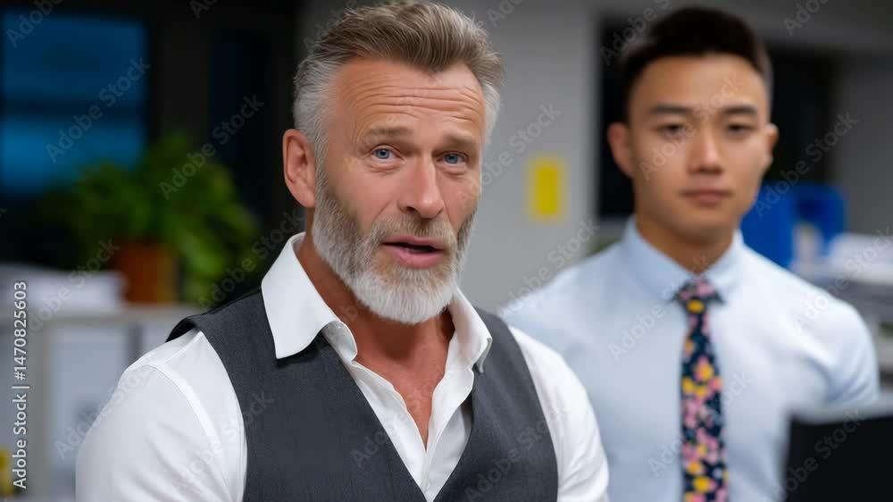 Professional Men Engaging in Conversation in Modern Office Setting Professional Men Engaging in Conversation in Modern Office Setting