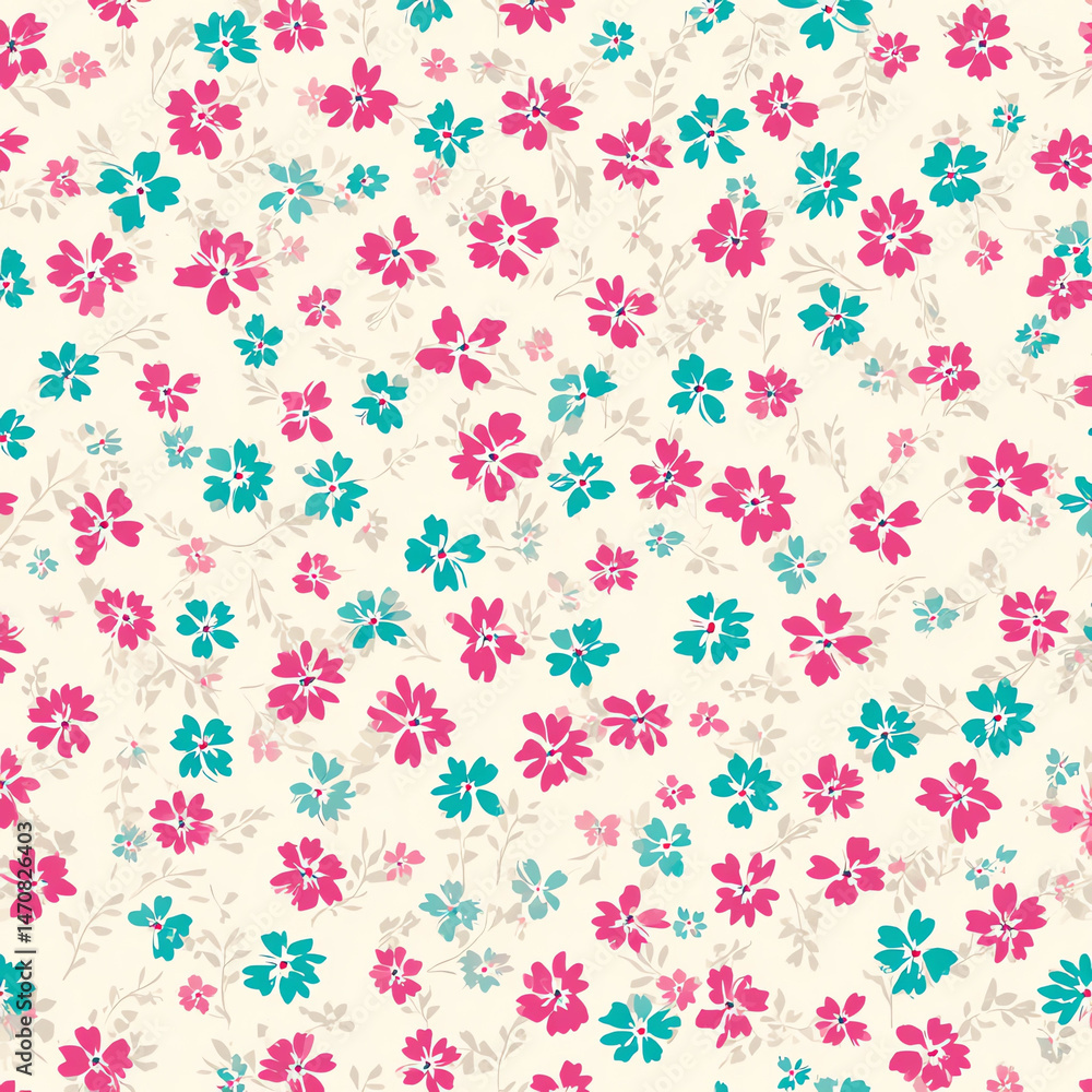 A floral pattern with pink and blue flowers A floral pattern with pink and blue flowers