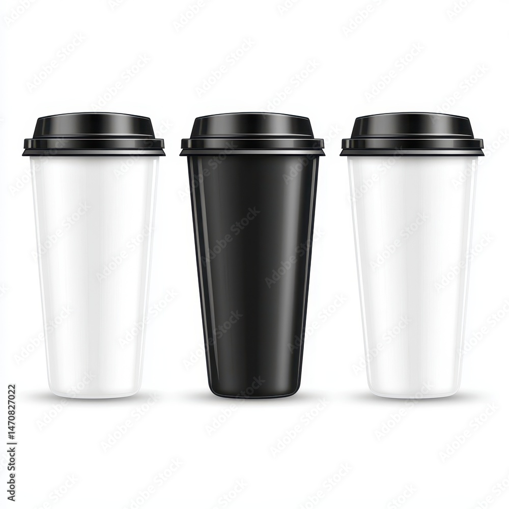 Three disposable coffee cups. Black and white variations Three disposable coffee cups. Black and white variations