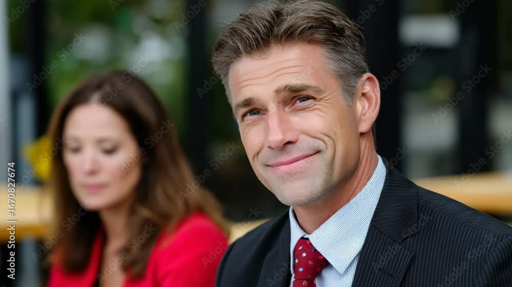 Professional Man Smiling in Business Setting with Colleague Nearby Professional Man Smiling in Business Setting with Colleague Nearby