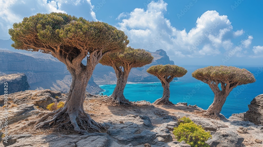 Fototapeta premium Socotra Island's Dragon Blood Trees: A Unique Landscape with Ocean Views