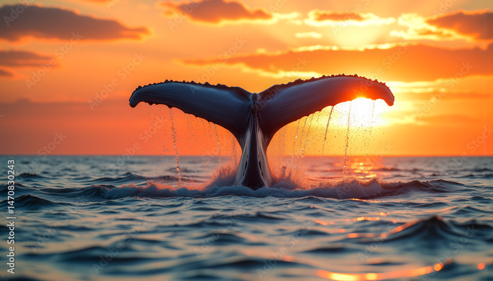 Fototapeta premium A whale is swimming in the ocean with its tail flapping. The sun is setting in the background, creating a beautiful and serene atmosphere