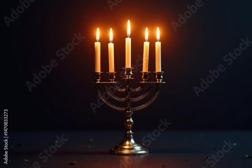 A menorah with lit candles on a dark background, celebrating Hanukkah , darkness, holiday