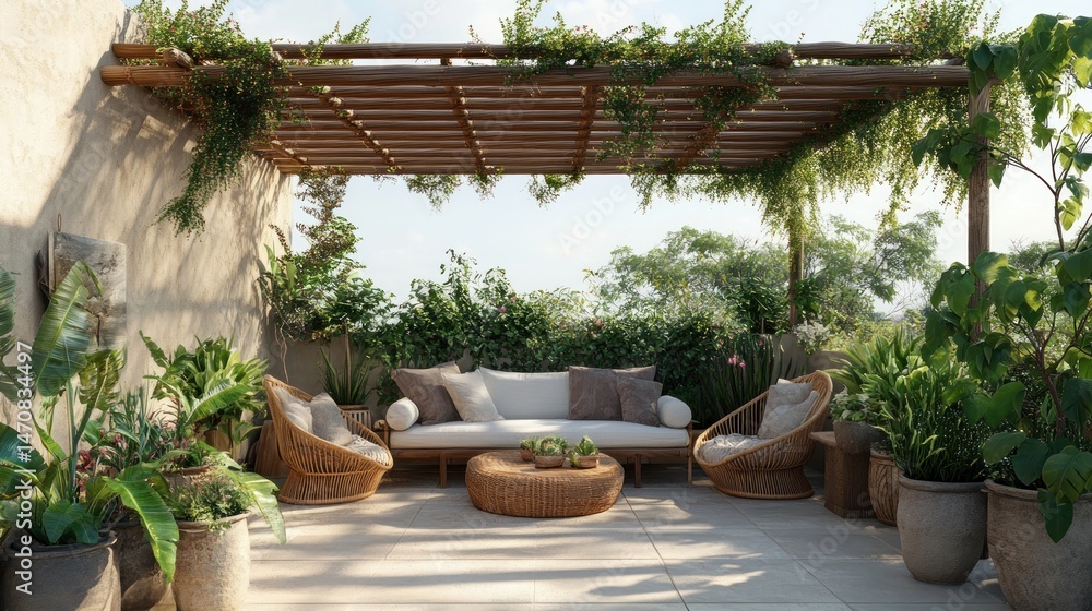 Fototapeta premium Serene outdoor patio with lush greenery and cozy seating
