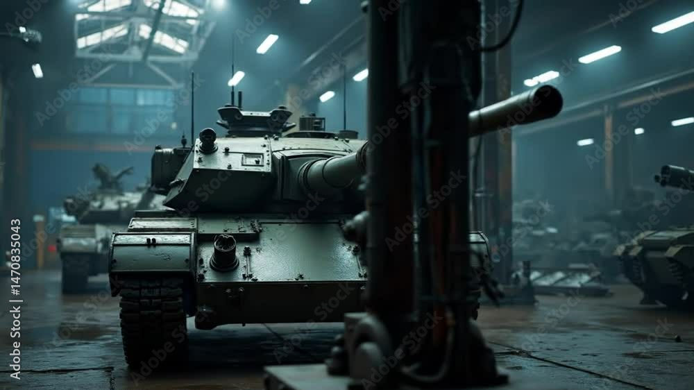 Military Tank Ready in High-Tech Garage Military Tank Ready in High-Tech Garage