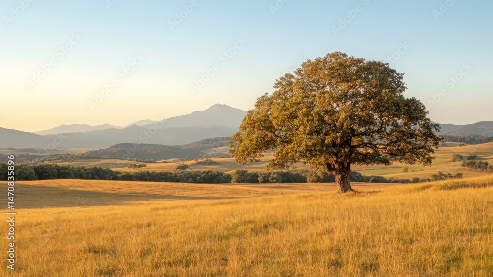 Golden Wheat Field With Lone Tree And Hazy Mountains At Sunset Golden Wheat Field With Lone Tree And Hazy Mountains At Sunset