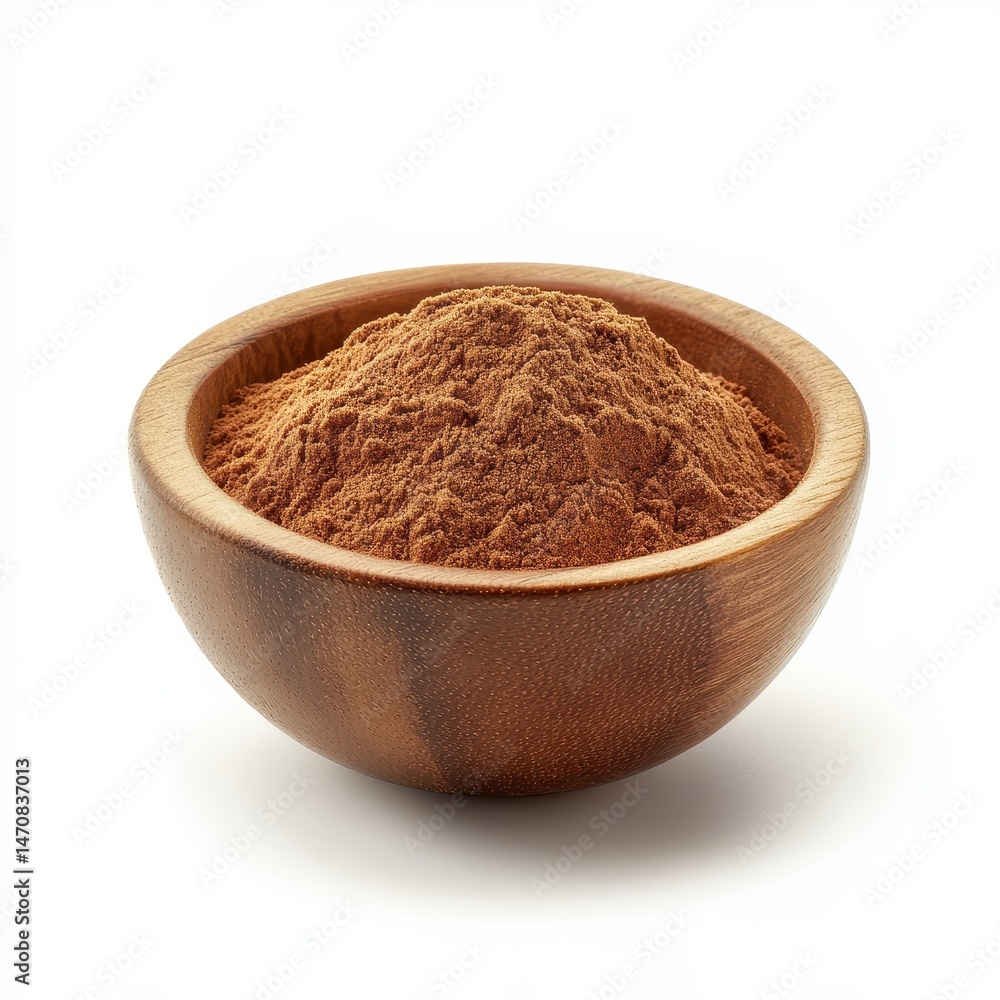 Brown spice powder in wooden bowl Brown spice powder in wooden bowl