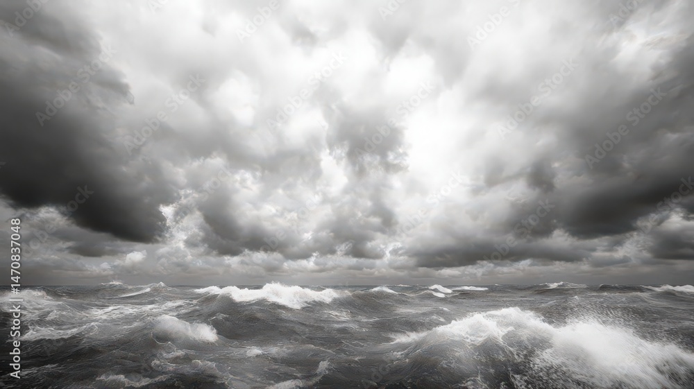 Fototapeta premium Gray Scale Stormy Ocean Waves And Clouds