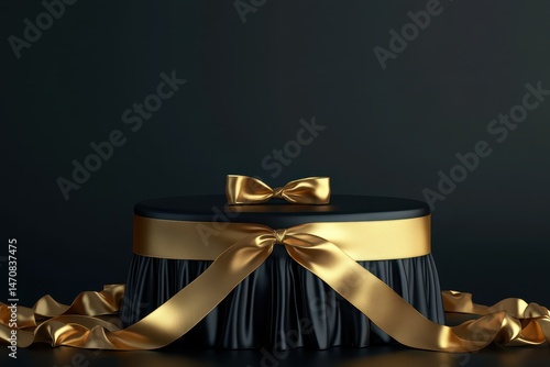 Elegant black circular platform adorned with gold ribbon and bow, against a dark backdrop