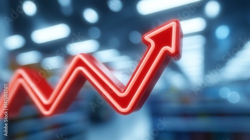 Inflation risk concept with red zigzag up arrow symbolizing price increase and economic pressure in blurred retail environment