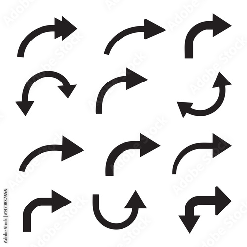 Set of curved arrow silhouette icons on white background