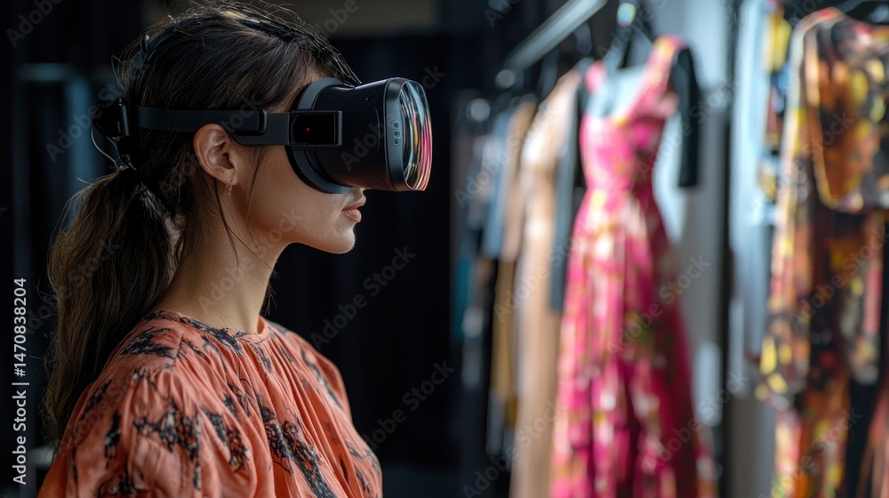 Obraz premium Woman in Virtual Reality Headset Exploring Fashion Display in Studio
