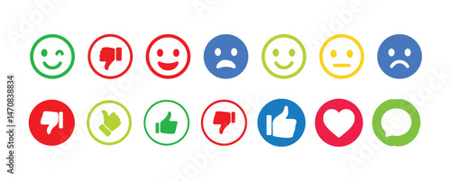 Like icon button , thumb up icon , love and heart icon , comment icon , repost and share icon button. Social media elements with different color.Social media notification icons. Vector illustration.