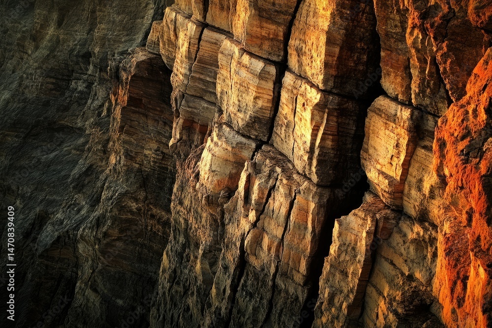 Obraz premium A majestic cliff face, textured with layers of ancient, sun-kissed stone, reveals the power of time and erosion.