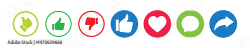 Like icon button , thumb up icon , love and heart icon , comment icon , repost and share icon button. Social media elements with different color.Social media notification icons. Vector illustration.