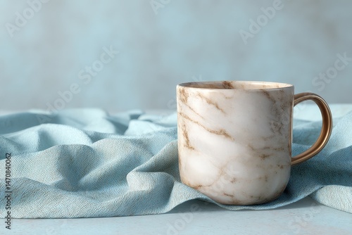 Elegant marble mug resting on a light blue cloth.