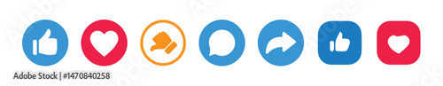 Like icon button , thumb up icon , love and heart icon , comment icon , repost and share icon button. Social media elements with different color.Social media notification icons. Vector illustration.