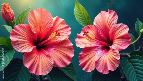 Wallpaper Mural Bold blooming hibiscus, vibrant tropical print, leaves, illustration, texture Torontodigital.ca