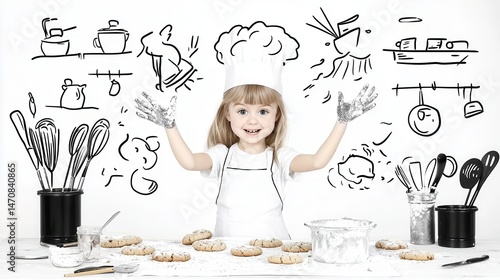 Child chef with baking supplies