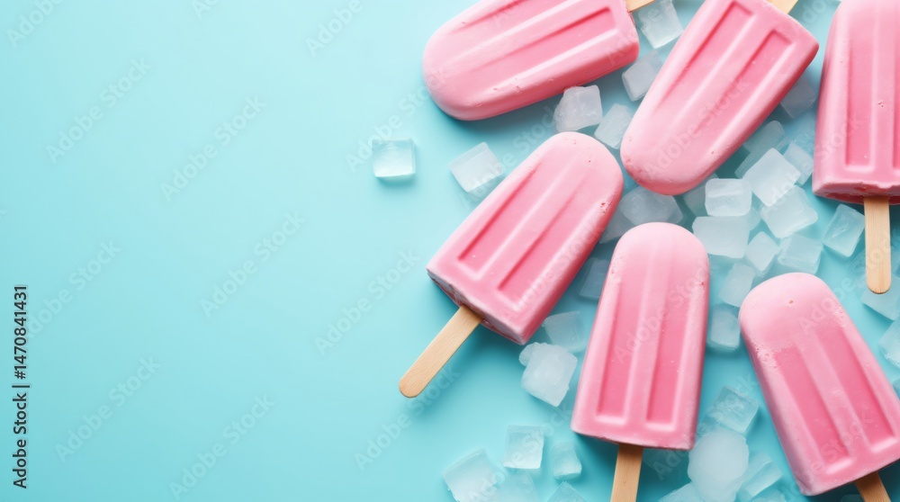 Pink strawberry popsicles and ice cubes on turquoise background with copy space. Summer refreshment concept for hot day. Cool dessert for National Ice Cream Day celebration. Pink strawberry popsicles and ice cubes on turquoise background with copy space. Summer refreshment concept for hot day. Cool dessert for National Ice Cream Day celebration.