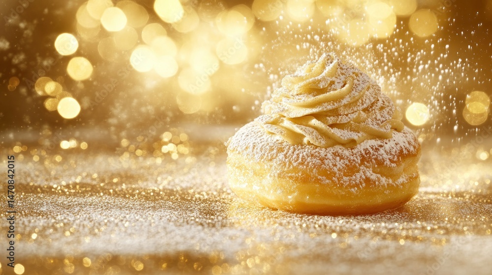 A delicious golden donut is dusted with sweet powdered sugar A delicious golden donut is dusted with sweet powdered sugar