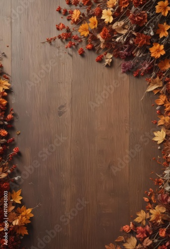 Rustic wood table, warm toned dried flowers, autumn leaves , photography, sunlight, cozy