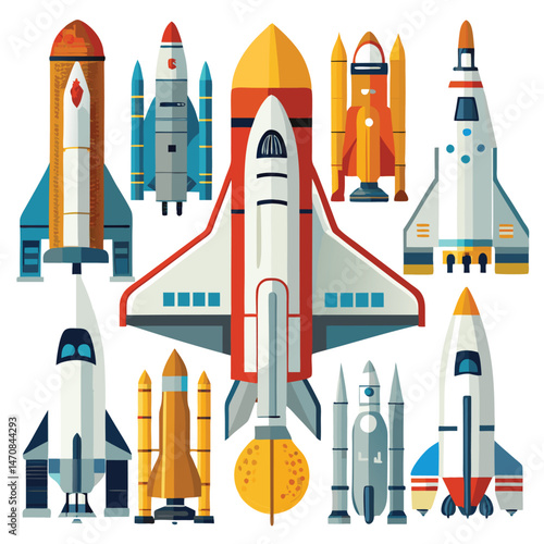 Nine classic Space Shuttle Vehicle arranged on a white background.