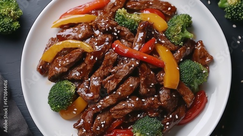 Savory stir-fried beef with peppers and broccoli.