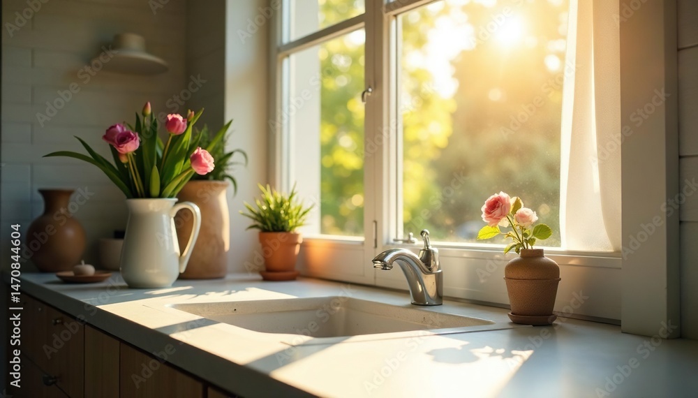 Bright sunlight streams into a home, illuminating freshly cleaned windows and sparkling surfaces, signifying the arrival of spring , clear, yellow, house cleaning Bright sunlight streams into a home, illuminating freshly cleaned windows and sparkling surfaces, signifying the arrival of spring , clear, yellow, house cleaning