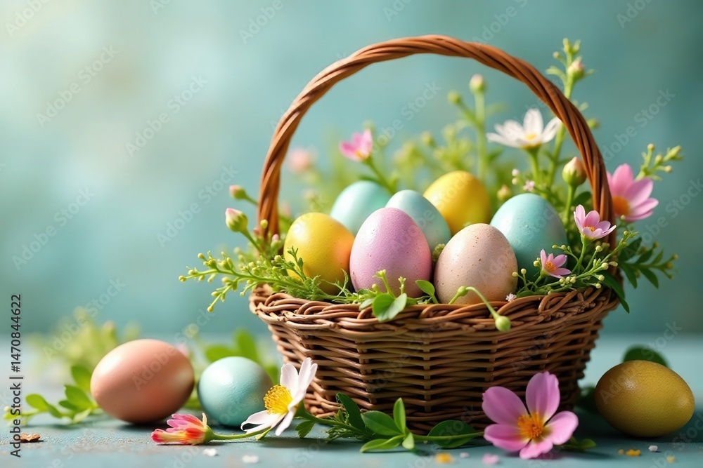 Colorful Easter eggs nestled in a spring basket overflowing with fresh flowers and greenery , bunny, spring Colorful Easter eggs nestled in a spring basket overflowing with fresh flowers and greenery , bunny, spring
