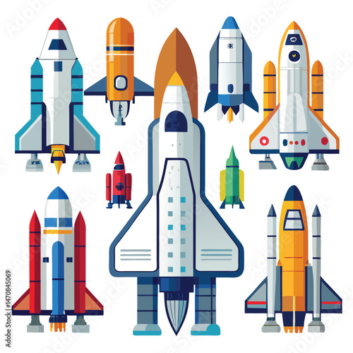 Nine classic Space Shuttle Vehicle arranged on a white background.