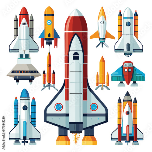 Nine classic Space Shuttle Vehicle arranged on a white background.
