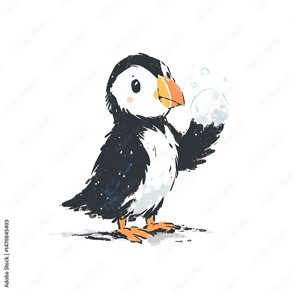Obraz premium A whimsical illustration shows a charming puffin holding a luminous sphere, radiating joy and wonder.