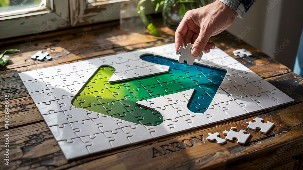 Crafting an Arrow-Shaped Jigsaw Puzzle Concept Image of Developing a Growth Strategy with Puzzle Pieces and Hand on a Wooden Background Crafting an Arrow-Shaped Jigsaw Puzzle Concept Image of Developing a Growth Strategy with Puzzle Pieces and Hand on a Wooden Background
