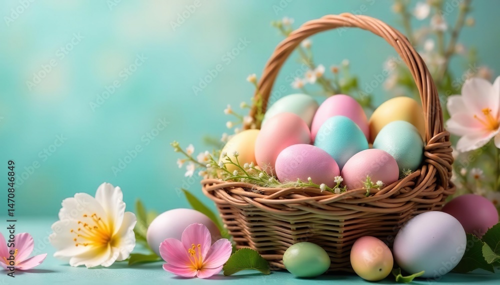 Vibrant pastel eggs in a spring basket, surrounded by blooming flowers , holiday decorations, spring decorations Vibrant pastel eggs in a spring basket, surrounded by blooming flowers , holiday decorations, spring decorations