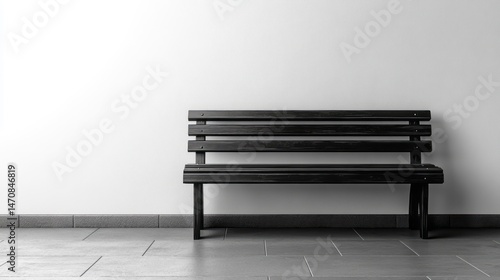 Simple dark wooden park bench against a plain white wall.
