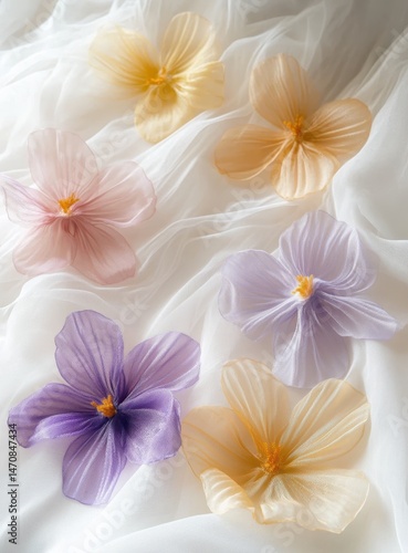 Delicate, pastel-hued flowers, arranged on sheer fabric