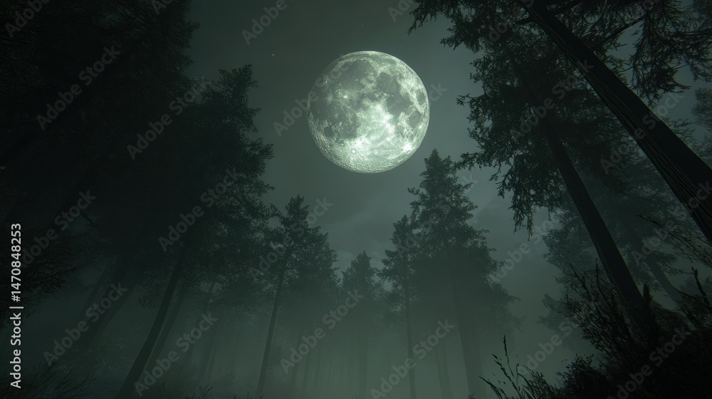 A large full moon shines brightly above a foggy forest at night A large full moon shines brightly above a foggy forest at night
