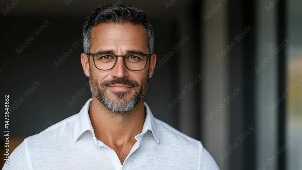 Confident man with glasses and beard, smiling in modern professional environment. Confident man with glasses and beard, smiling in modern professional environment.