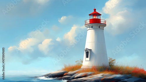 White Lighthouse on Rocky Coast with Blue Sky and Clouds