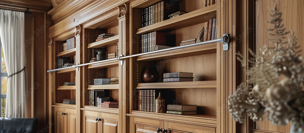Obraz premium Ornate wooden library shelving unit