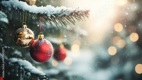 Christmas tree with decorations and snow
