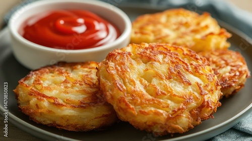 Crispy potato fritters served with a side of ketchup.